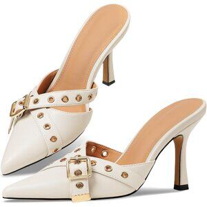 🆕Slingback Women's Off-White Kitten Heels  Closed Toe Low Pumps Polyuretharne